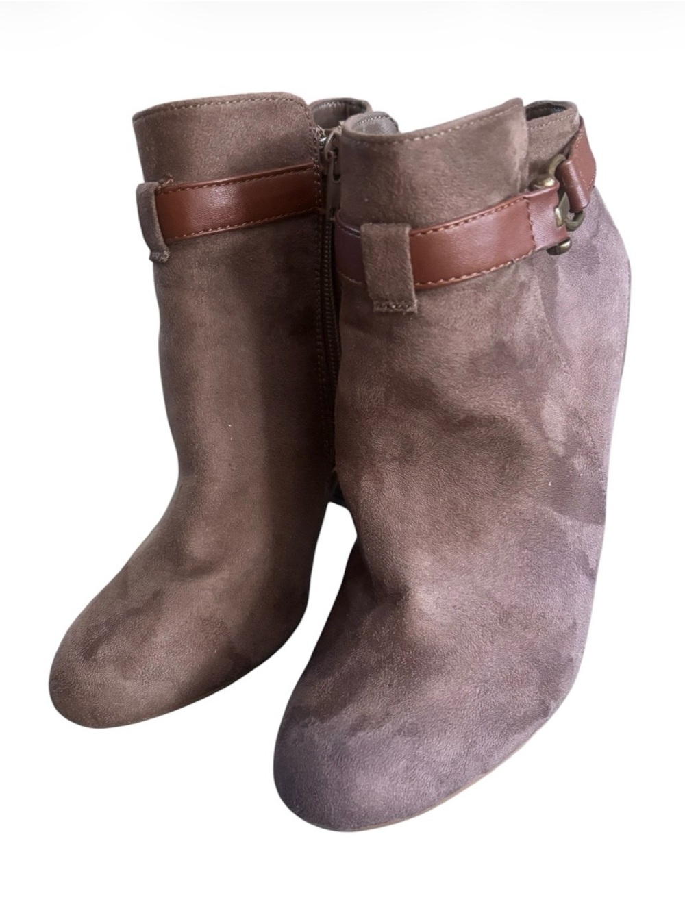 BAMBOO Brown Suede Ankle Booties with Strap and Block Heel | Size 7
